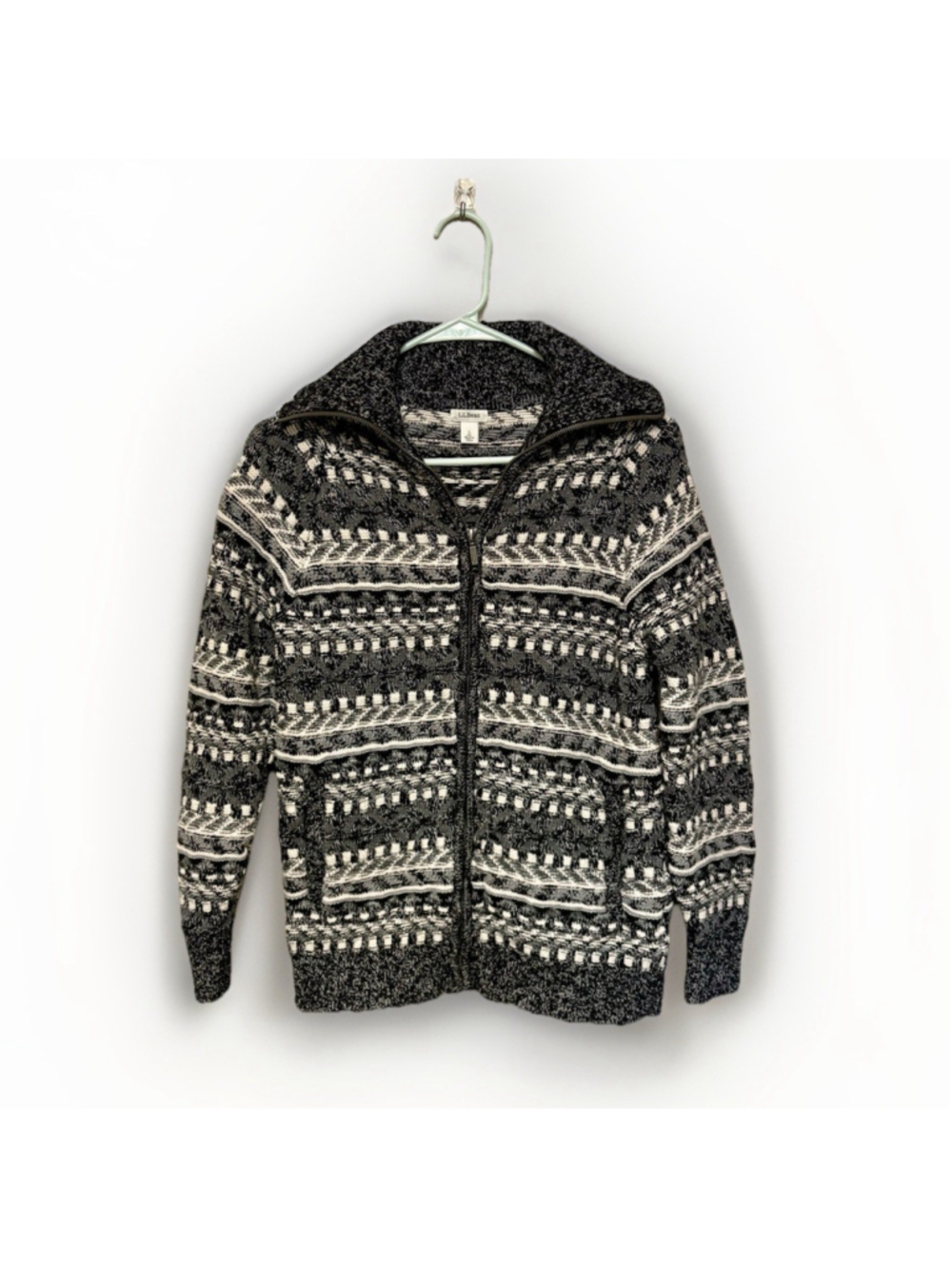 L.L. Bean Fair Isle Zip Cardigan Sweater Womens Small Gray Nordic Full Zip Cozy